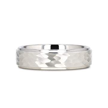 WINSTON White Tungsten Ring with Raised Hammered Finish and Polished Step Edges - 4mm - 10mm - Larson Jewelers