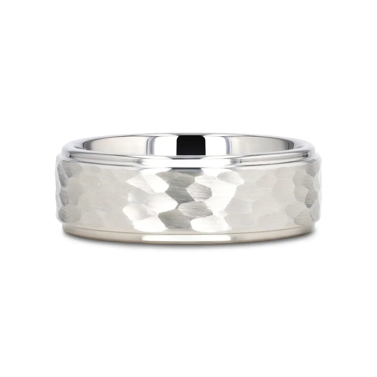 WINSTON White Tungsten Ring with Raised Hammered Finish and Polished Step Edges - 4mm - 10mm - Larson Jewelers