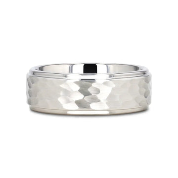 WINSTON White Tungsten Ring with Raised Hammered Finish and Polished Step Edges - 4mm - 10mm - Larson Jewelers