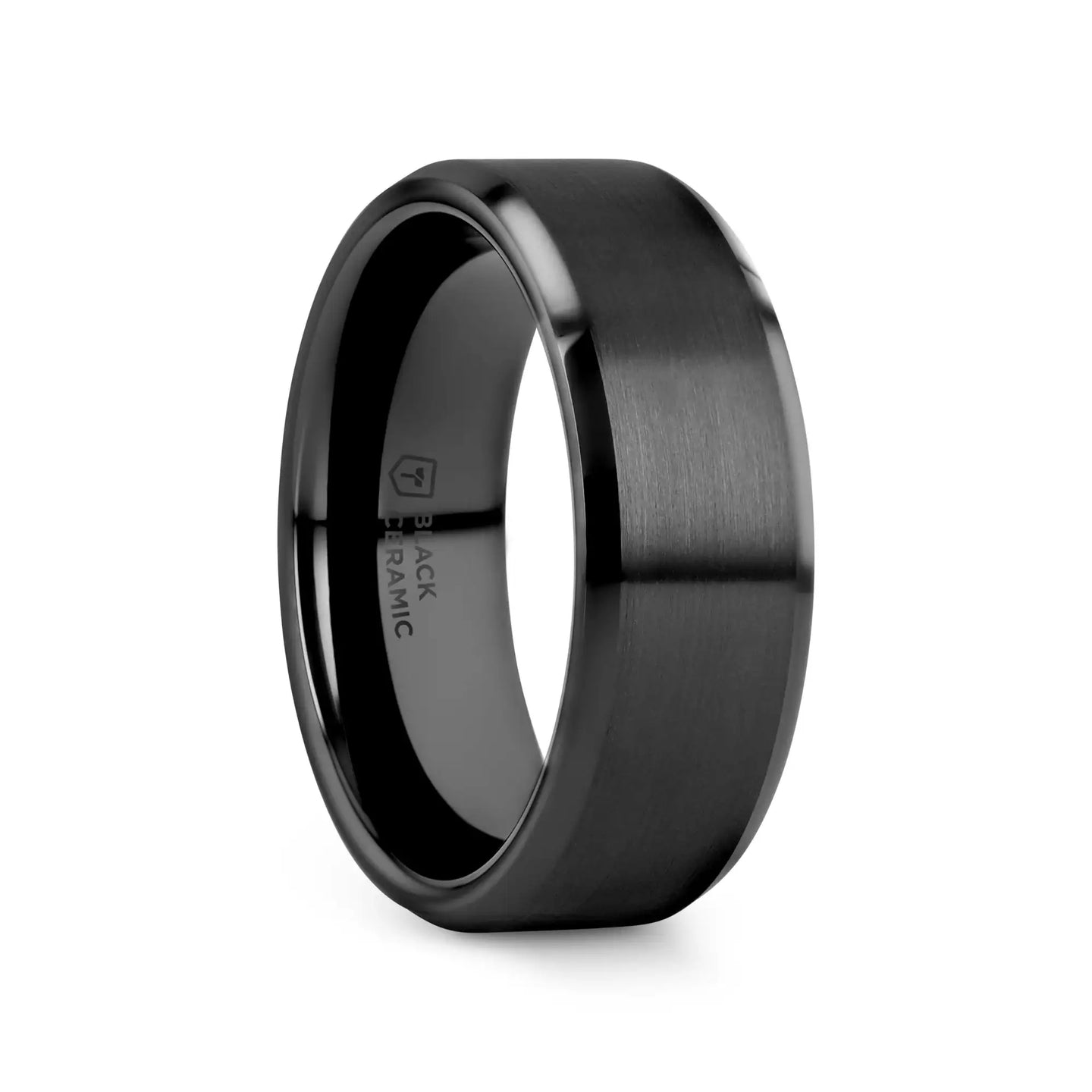 YORKSHIRE Brushed Black Ceramic Wedding Band with Polished Beveled Edges – 6mm or 8mm - Larson Jewelers