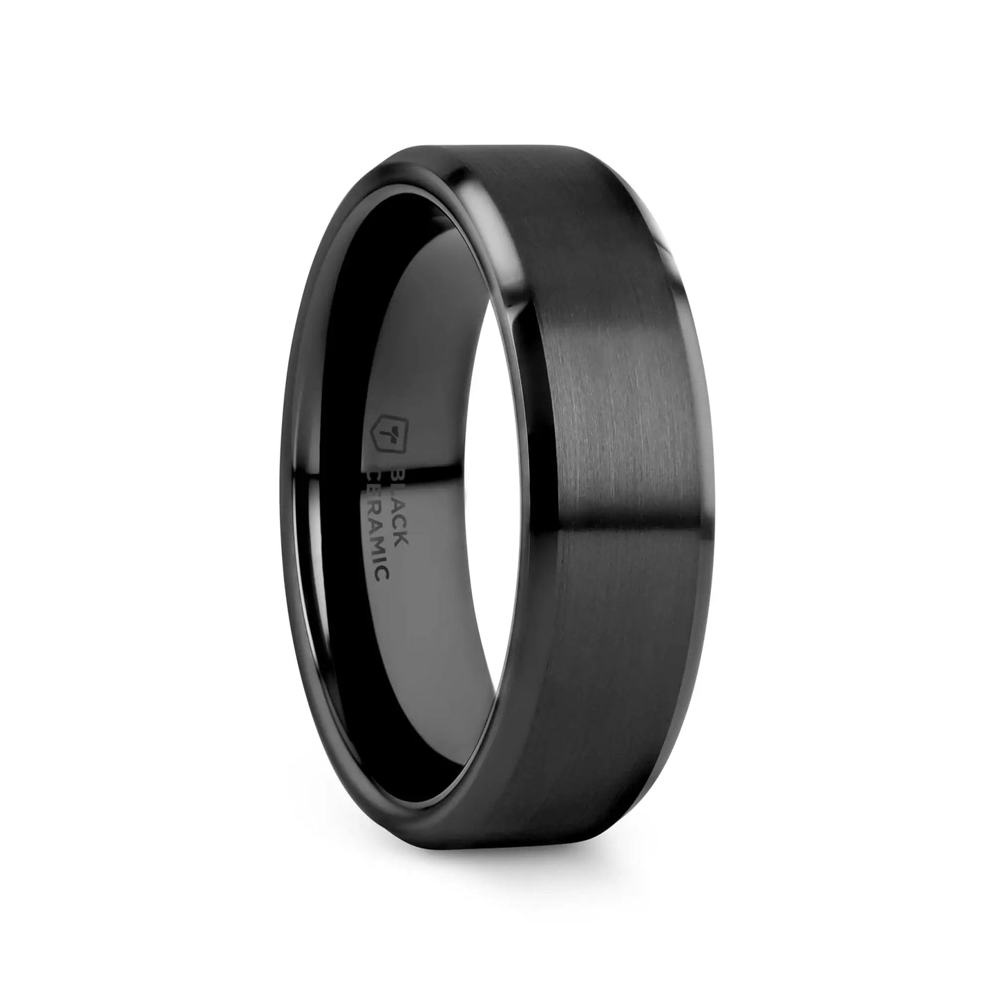 YORKSHIRE Brushed Black Ceramic Wedding Band with Polished Beveled Edges – 6mm or 8mm - Larson Jewelers