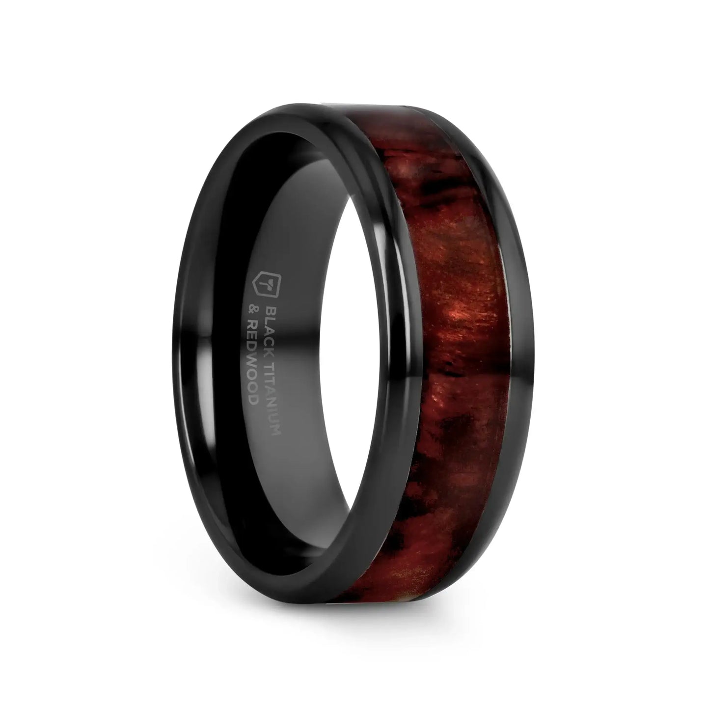 YOSEMITE Redwood inlaid Clear Polished Coated Titanium Men's Wedding Band With Polished Beveled Edges - 8mm - Larson Jewelers