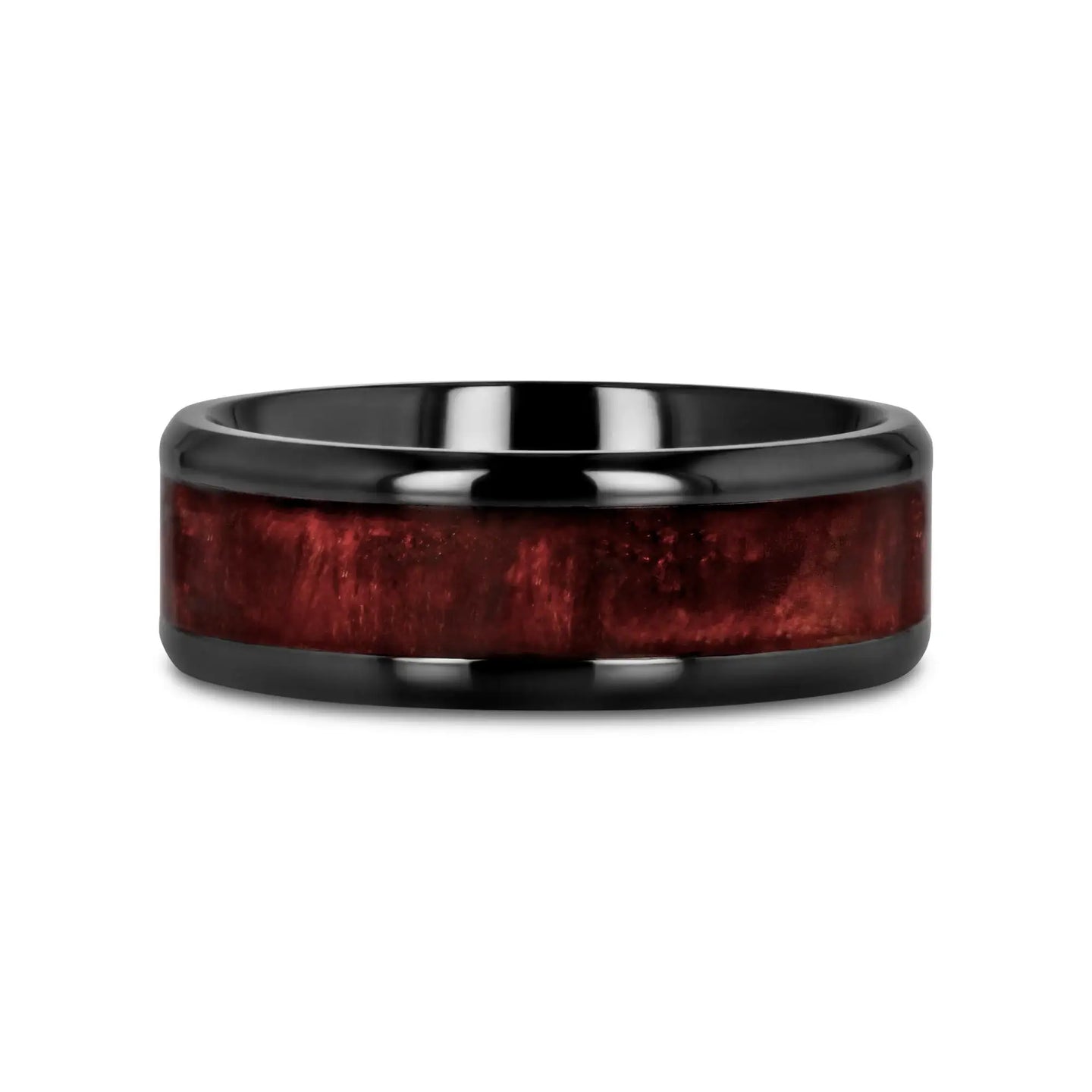YOSEMITE Redwood inlaid Clear Polished Coated Titanium Men's Wedding Band With Polished Beveled Edges - 8mm - Larson Jewelers