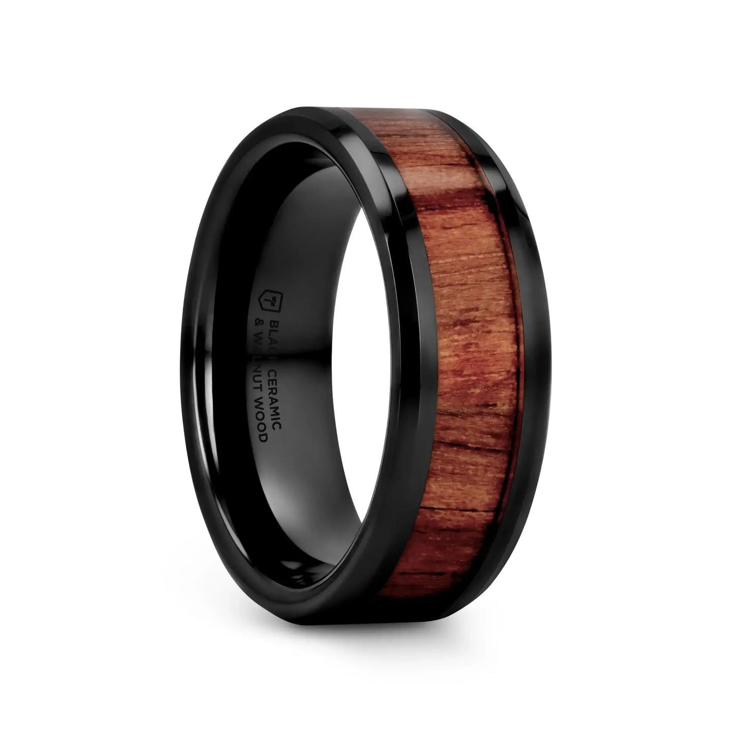 YUKON Beveled Black Ceramic Ring with Black Walnut Wood Inlay - 4mm - 12mm - Larson Jewelers