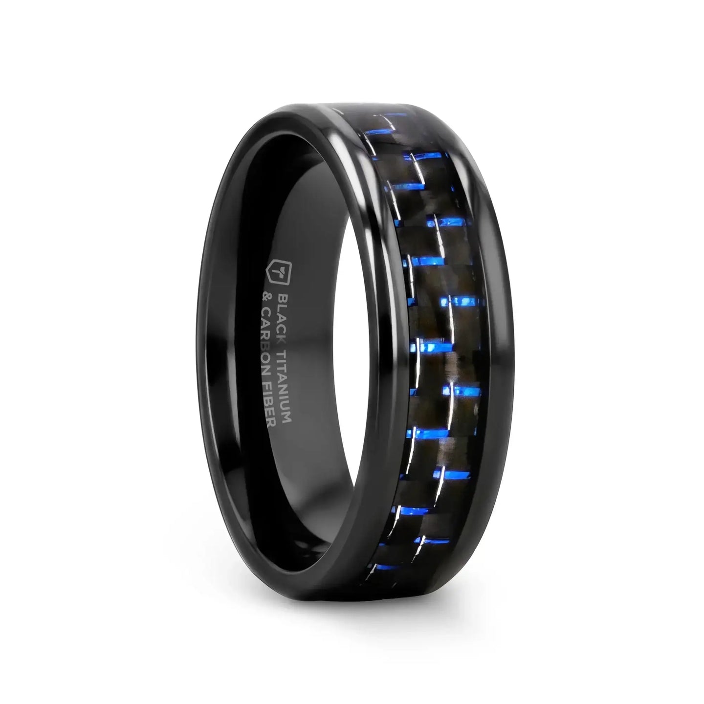 ZAYDEN Black Titanium Ring with Blue & Black Carbon Fiber Inlay and Bevels - 8mm - Larson Jewelers
