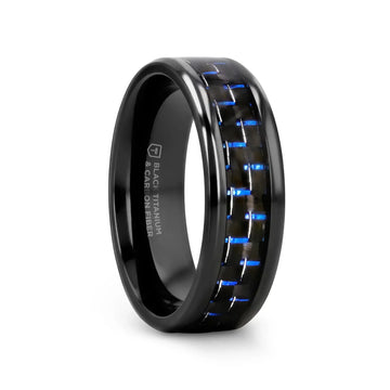 ZAYDEN Black Titanium Ring with Blue & Black Carbon Fiber Inlay and Bevels - 8mm - Larson Jewelers