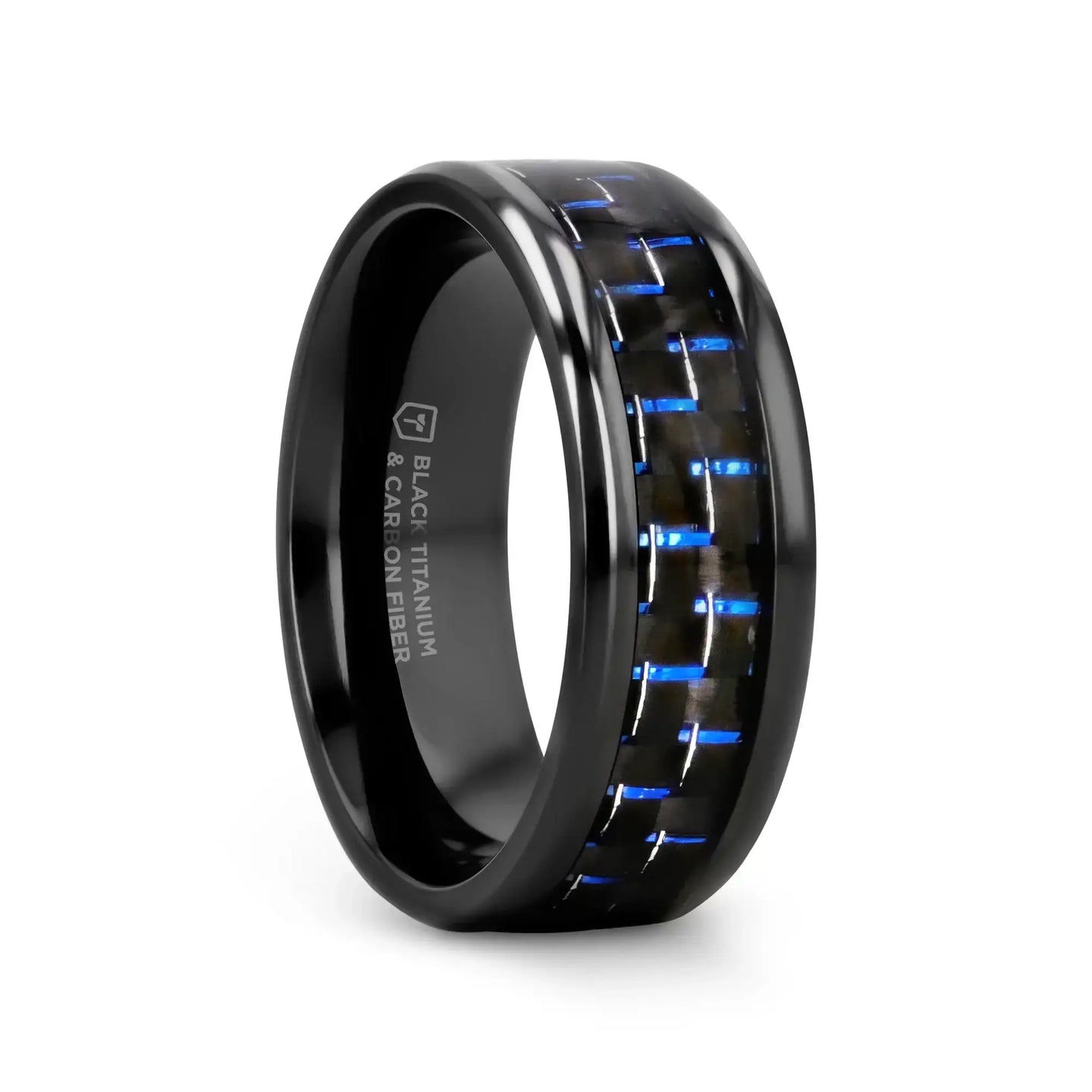 ZAYDEN Black Titanium Ring with Blue & Black Carbon Fiber Inlay and Bevels - 8mm - Larson Jewelers