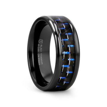 ZAYDEN Black Titanium Ring with Blue & Black Carbon Fiber Inlay and Bevels - 8mm - Larson Jewelers