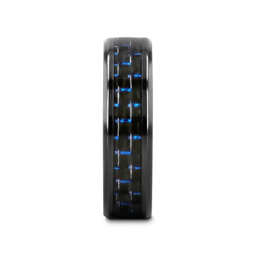 ZAYDEN Black Titanium Ring with Blue & Black Carbon Fiber Inlay and Bevels - 8mm - Larson Jewelers