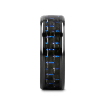 ZAYDEN Black Titanium Ring with Blue & Black Carbon Fiber Inlay and Bevels - 8mm - Larson Jewelers