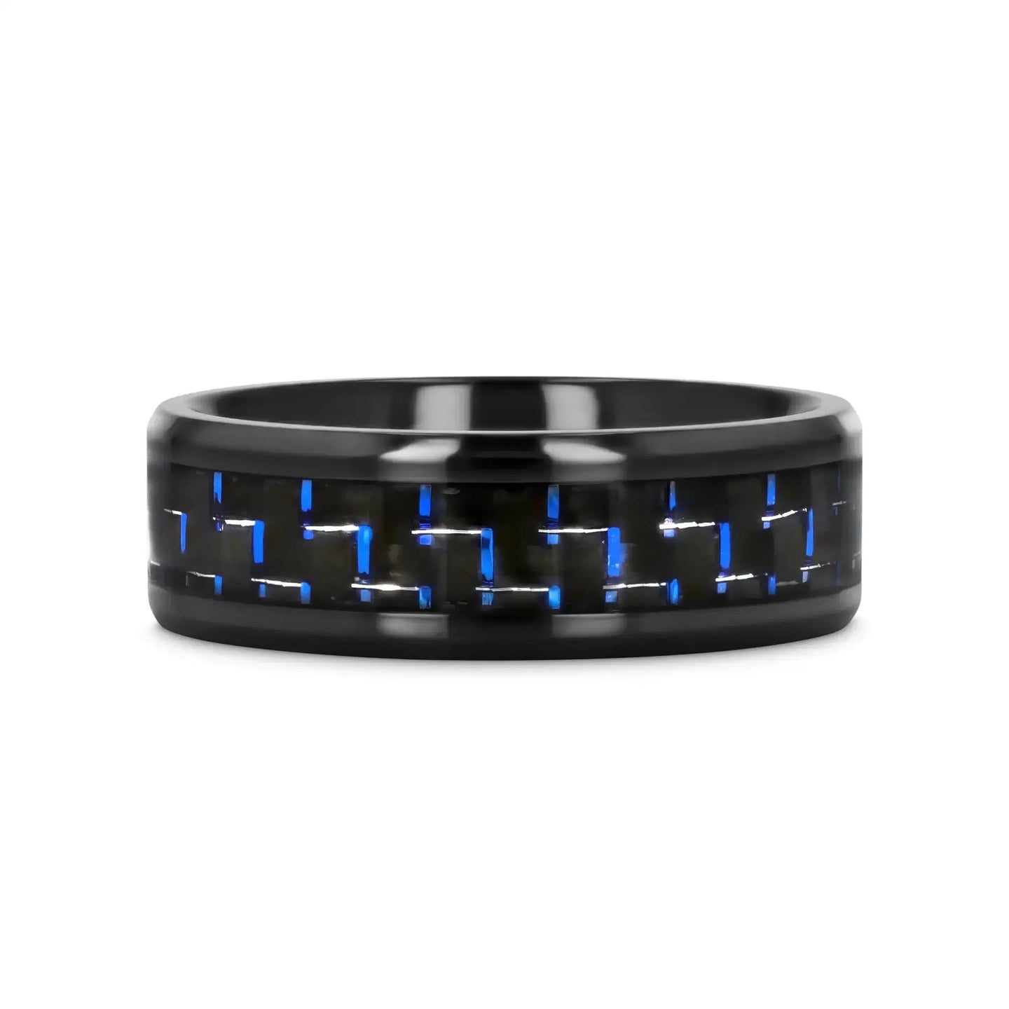 ZAYDEN Black Titanium Ring with Blue & Black Carbon Fiber Inlay and Bevels - 8mm - Larson Jewelers