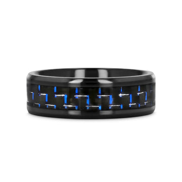ZAYDEN Black Titanium Ring with Blue & Black Carbon Fiber Inlay and Bevels - 8mm - Larson Jewelers