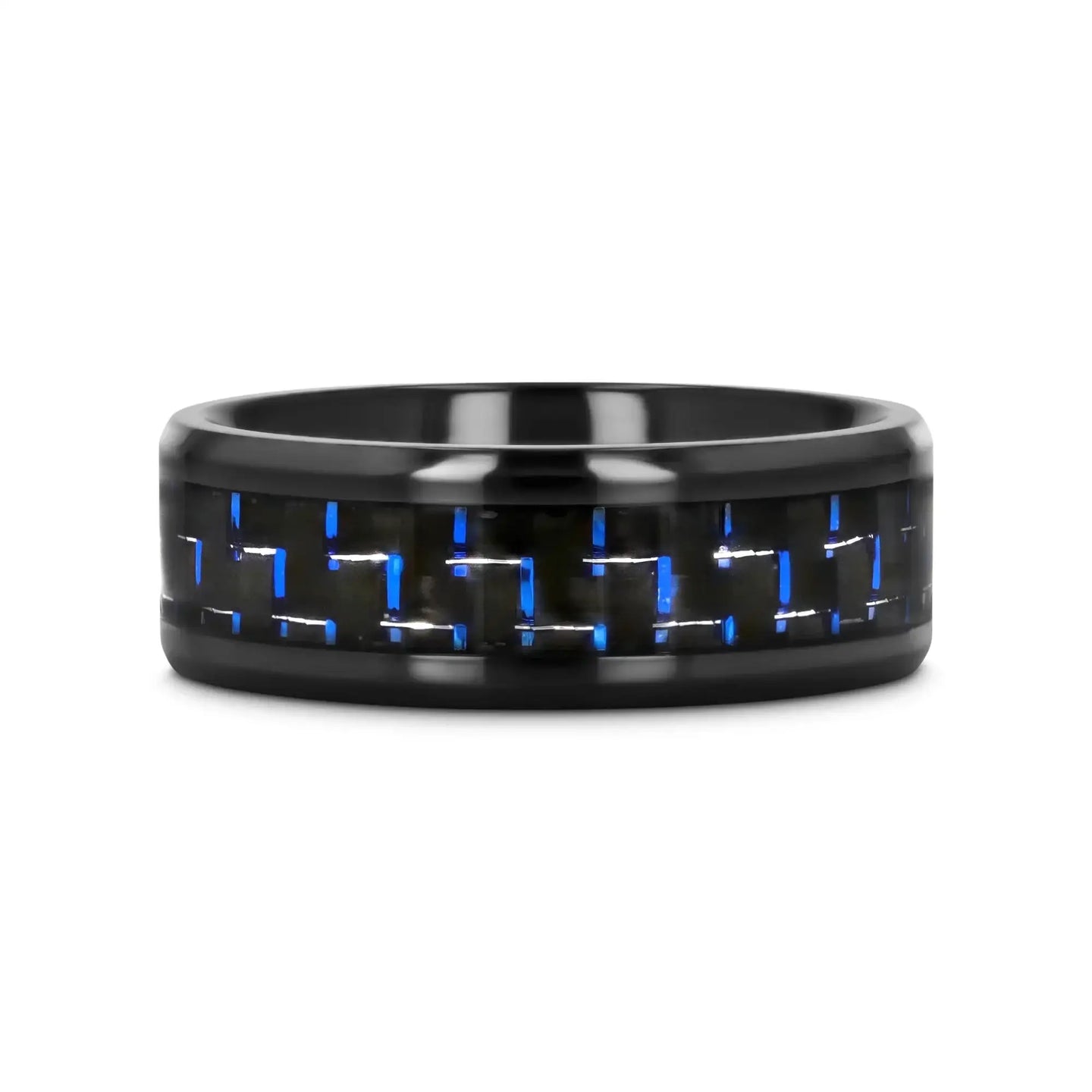 ZAYDEN Black Titanium Ring with Blue & Black Carbon Fiber Inlay and Bevels - 8mm - Larson Jewelers