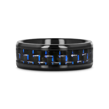ZAYDEN Black Titanium Ring with Blue & Black Carbon Fiber Inlay and Bevels - 8mm - Larson Jewelers