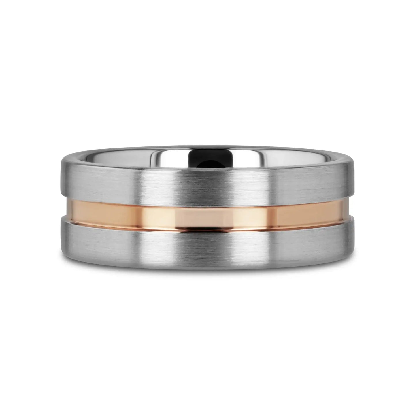 ZEUS Flat Brushed Tungsten Carbide Ring with Rose Gold-Plated Groove (4mm–10mm) - Larson Jewelers
