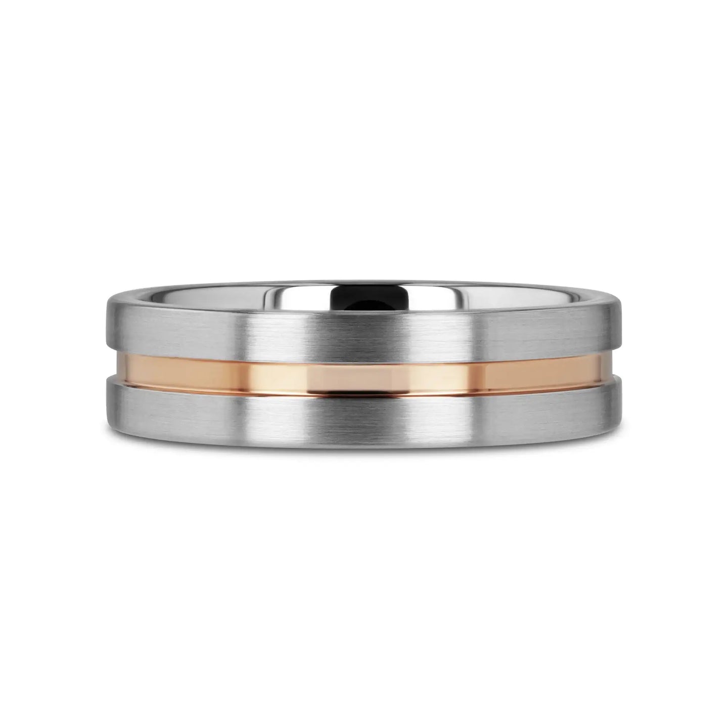 ZEUS Flat Brushed Tungsten Carbide Ring with Rose Gold-Plated Groove (4mm–10mm) - Larson Jewelers