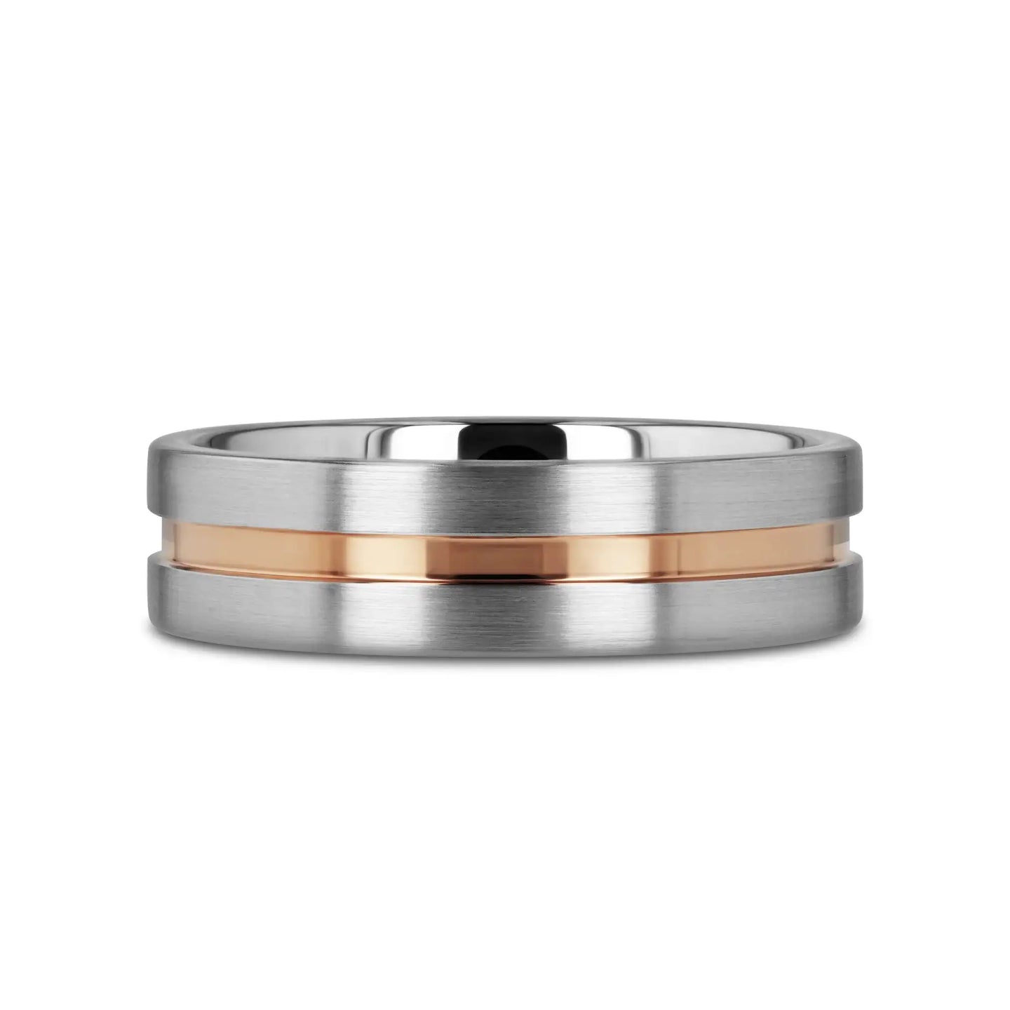 ZEUS Flat Brushed Tungsten Carbide Ring with Rose Gold-Plated Groove (4mm–10mm) - Larson Jewelers