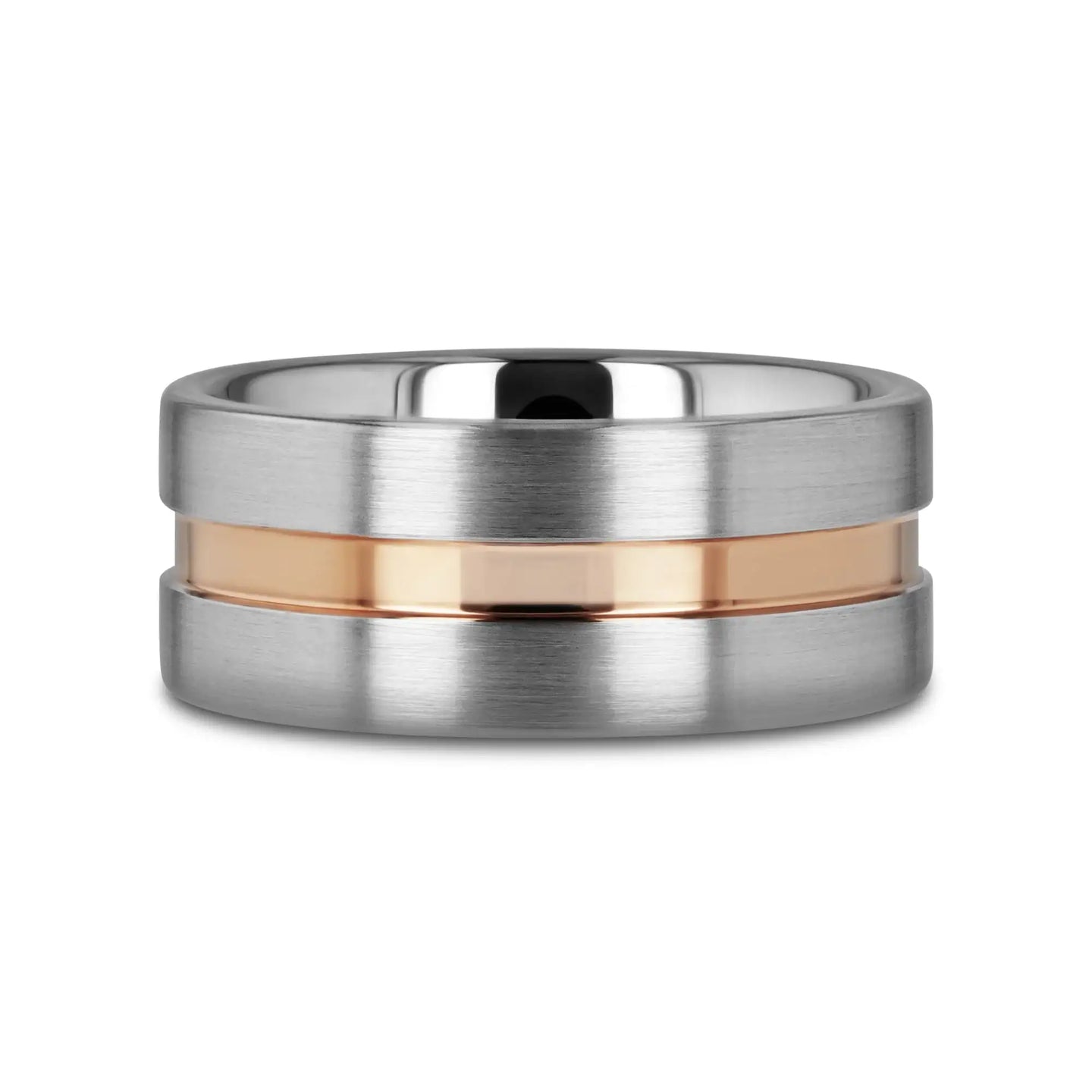 ZEUS Flat Brushed Tungsten Carbide Ring with Rose Gold-Plated Groove (4mm–10mm) - Larson Jewelers