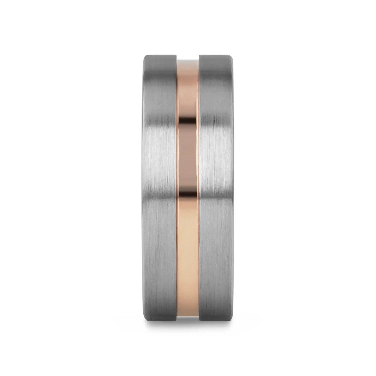 ZEUS Flat Brushed Tungsten Carbide Ring with Rose Gold-Plated Groove (4mm–10mm) - Larson Jewelers