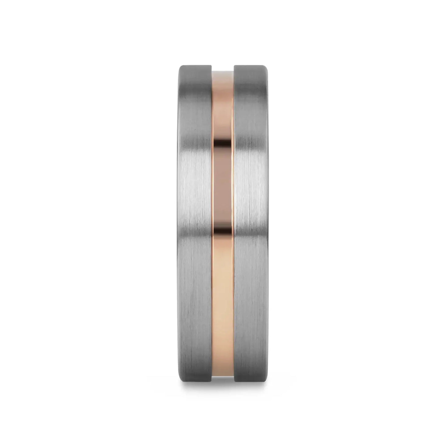 ZEUS Flat Brushed Tungsten Carbide Ring with Rose Gold-Plated Groove (4mm–10mm) - Larson Jewelers