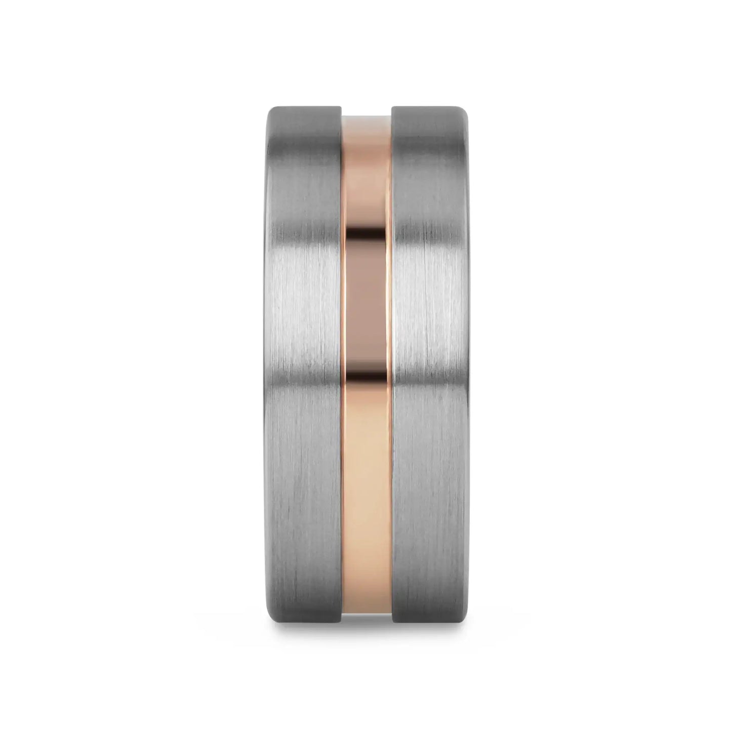 ZEUS Flat Brushed Tungsten Carbide Ring with Rose Gold-Plated Groove (4mm–10mm) - Larson Jewelers