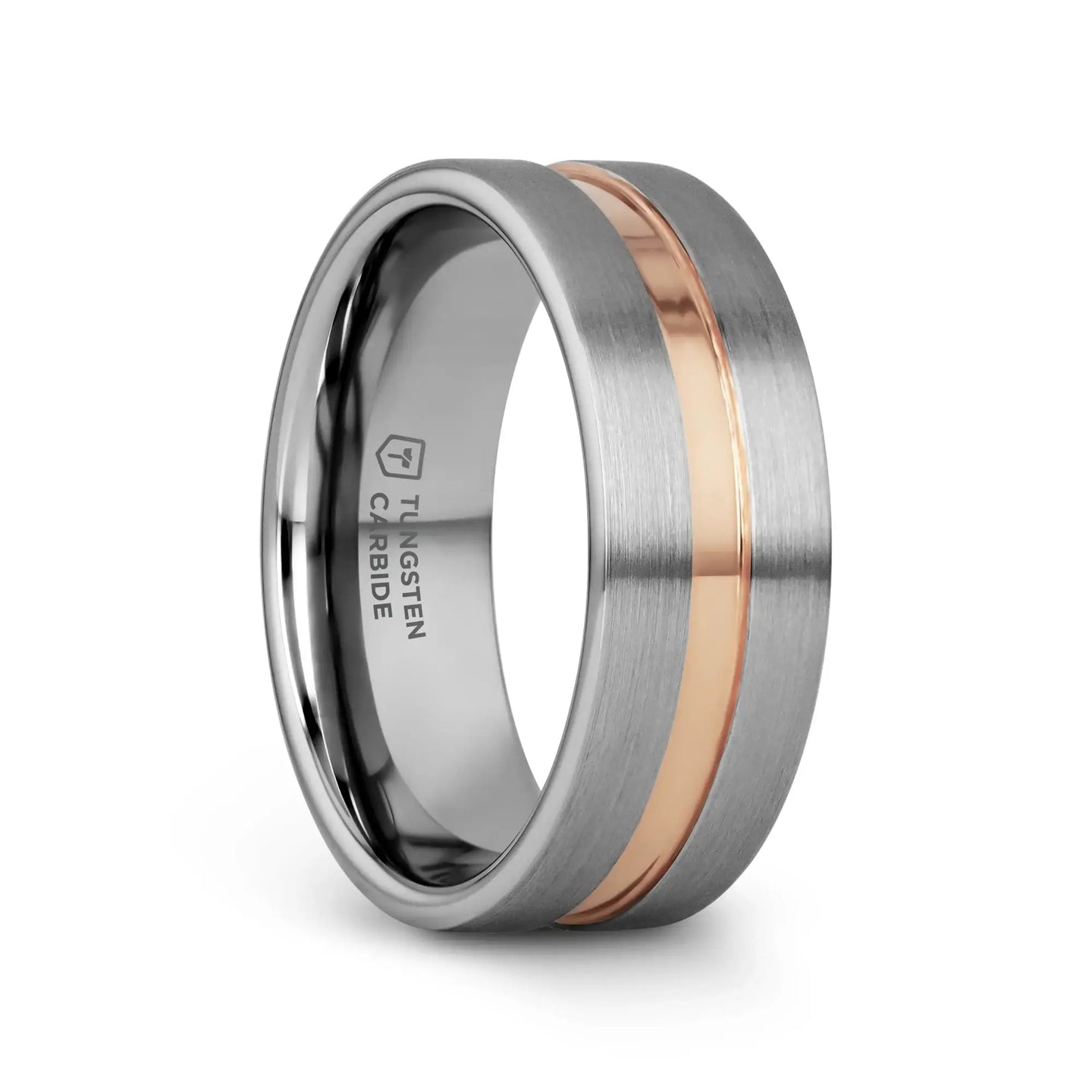 ZEUS Flat Brushed Tungsten Carbide Ring with Rose Gold-Plated Groove (4mm–10mm) - Larson Jewelers