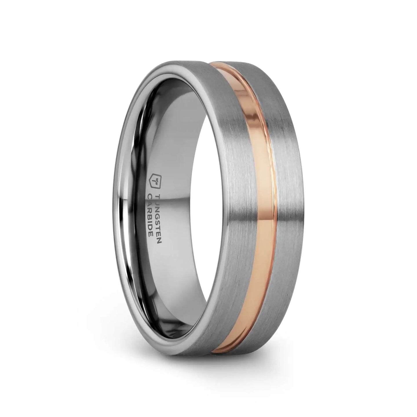 ZEUS Flat Brushed Tungsten Carbide Ring with Rose Gold-Plated Groove (4mm–10mm) - Larson Jewelers