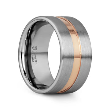 ZEUS Flat Brushed Tungsten Carbide Ring with Rose Gold-Plated Groove (4mm–10mm) - Larson Jewelers