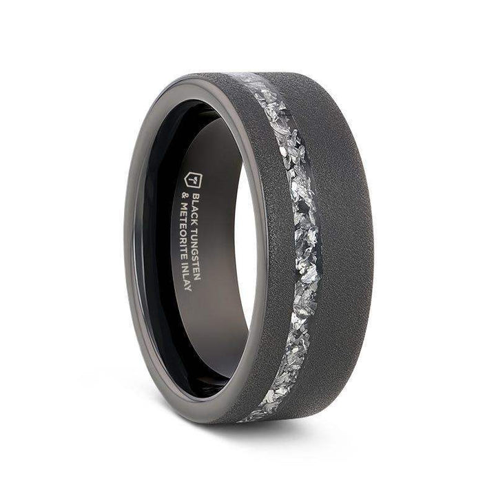Side view of ABYSS sandblasted black tungsten ring featuring a central meteorite fragments inlay, 8mm width