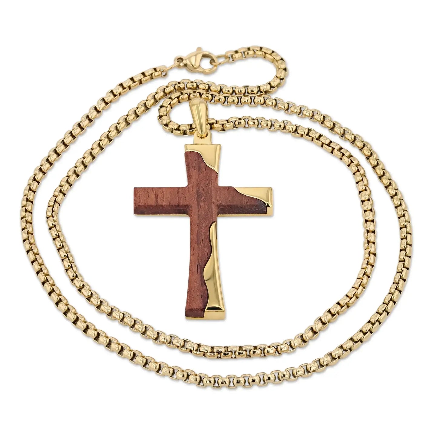 Gold-tone stainless steel cross pendant with Bubinga wood inlay shown with the full matching chain coiled, lobster clasp visible