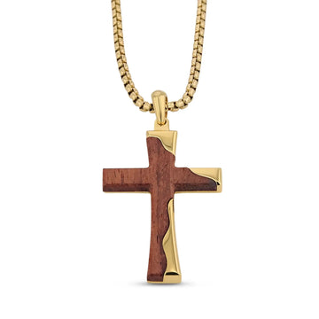 Gold-tone stainless steel cross pendant with Bubinga wood inlay on a matching box-style chain, front view