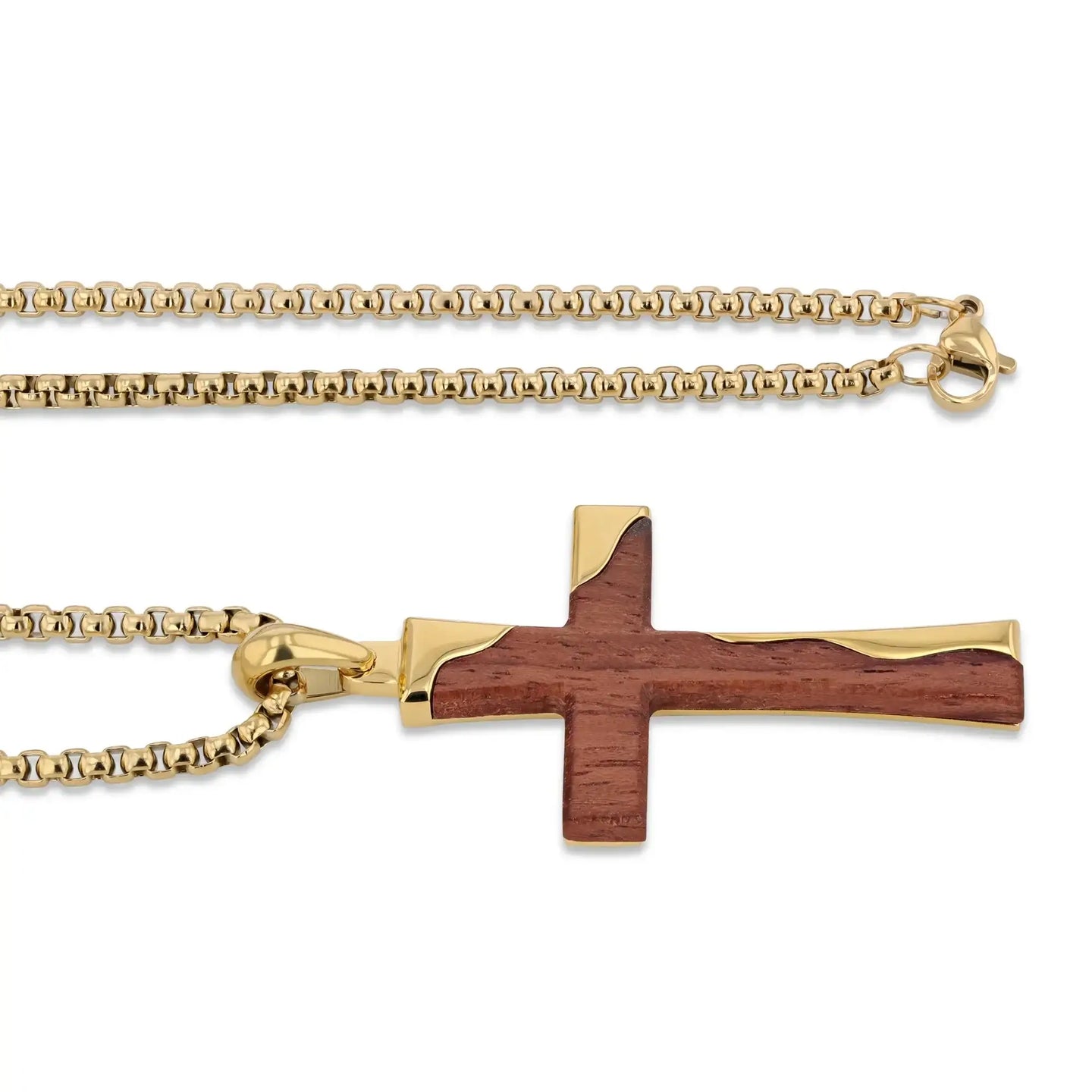 Side view of the Bubinga wood and gold-tone stainless steel cross pendant attached to the matching chain with lobster clasp