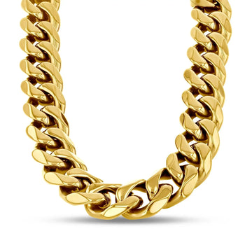 Close-up view of the 14mm gold-tone stainless steel Cuban link necklace draped in a U shape