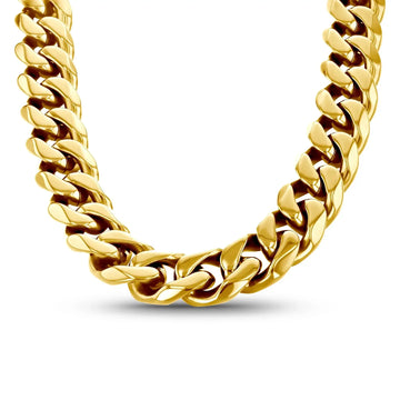 Front view of a thick gold stainless steel Cuban link chain showing polished links