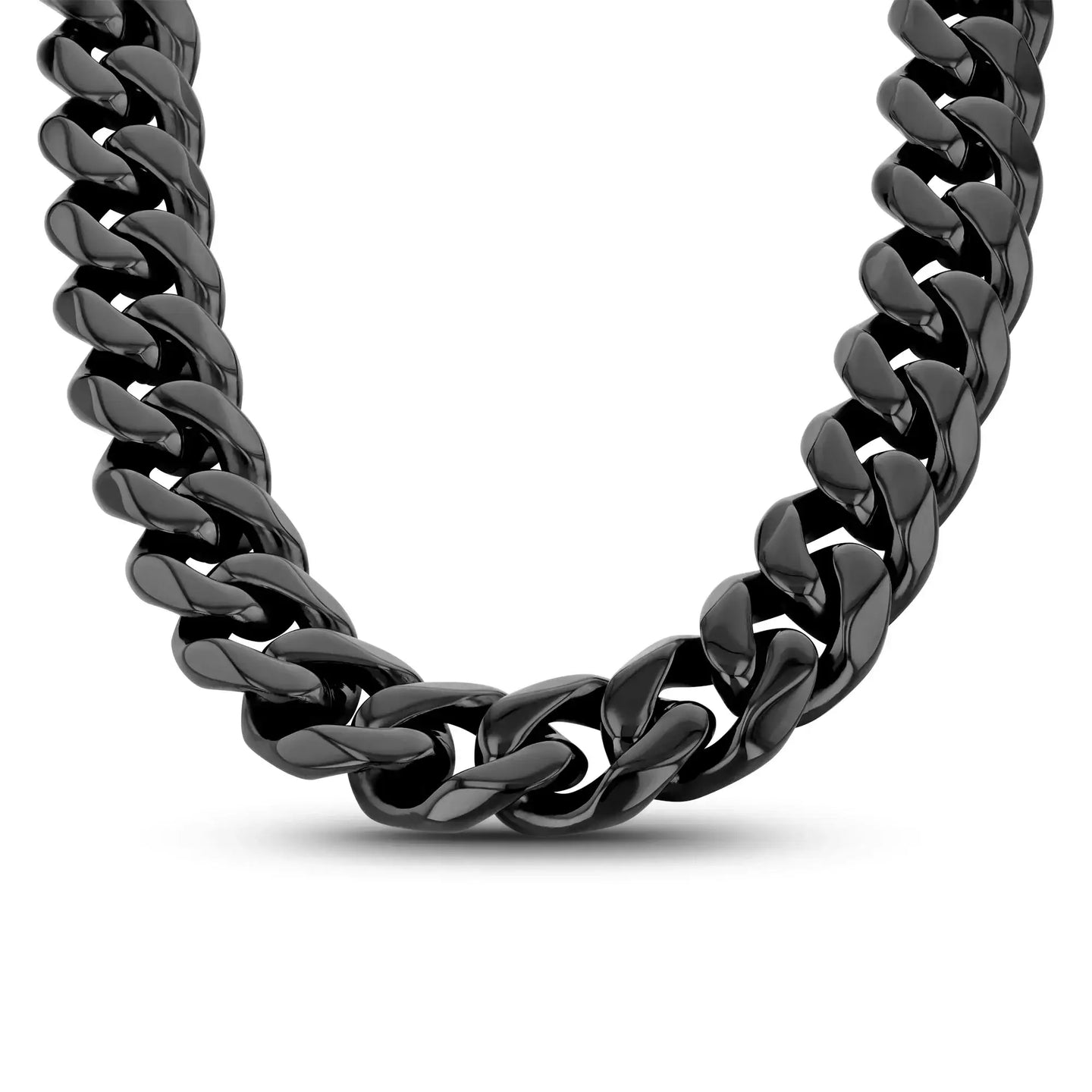 Detail view of the black stainless steel Cuban link chain showing the thick 14mm links.