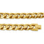 Detail of the 14mm gold-tone stainless steel Cuban link with box-style clasp shown open and closed