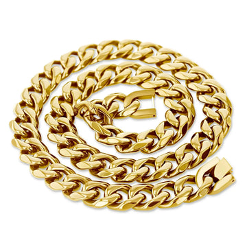 Coiled 14mm gold-tone stainless steel Cuban link chain with clasp, shown close-up on white background