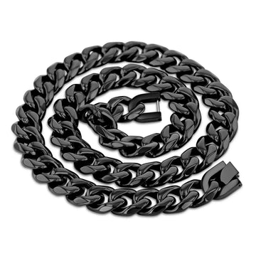 Coiled black stainless steel Cuban link chain with a secure clasp, 22-inch length, 14mm width
