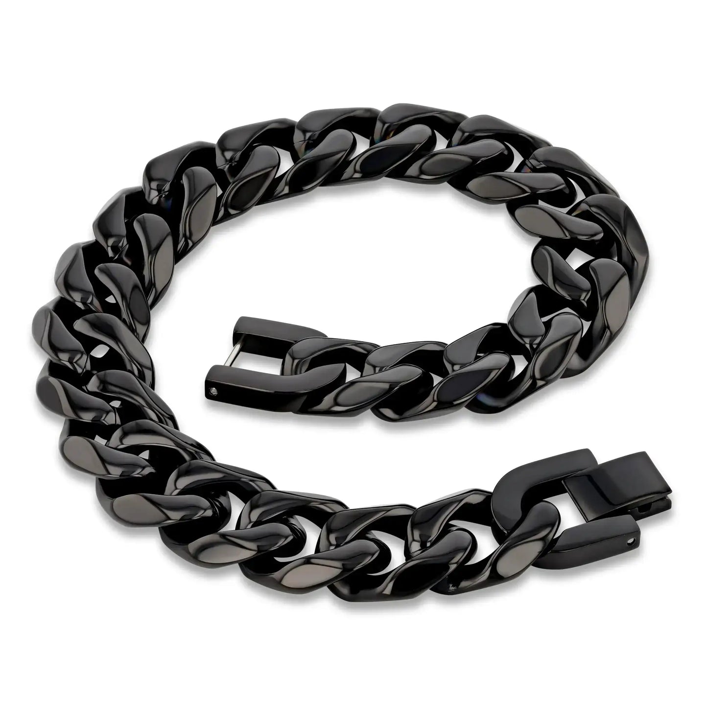 Close-up of a black stainless steel Cuban link chain bracelet with a secure clasp, 14mm width.