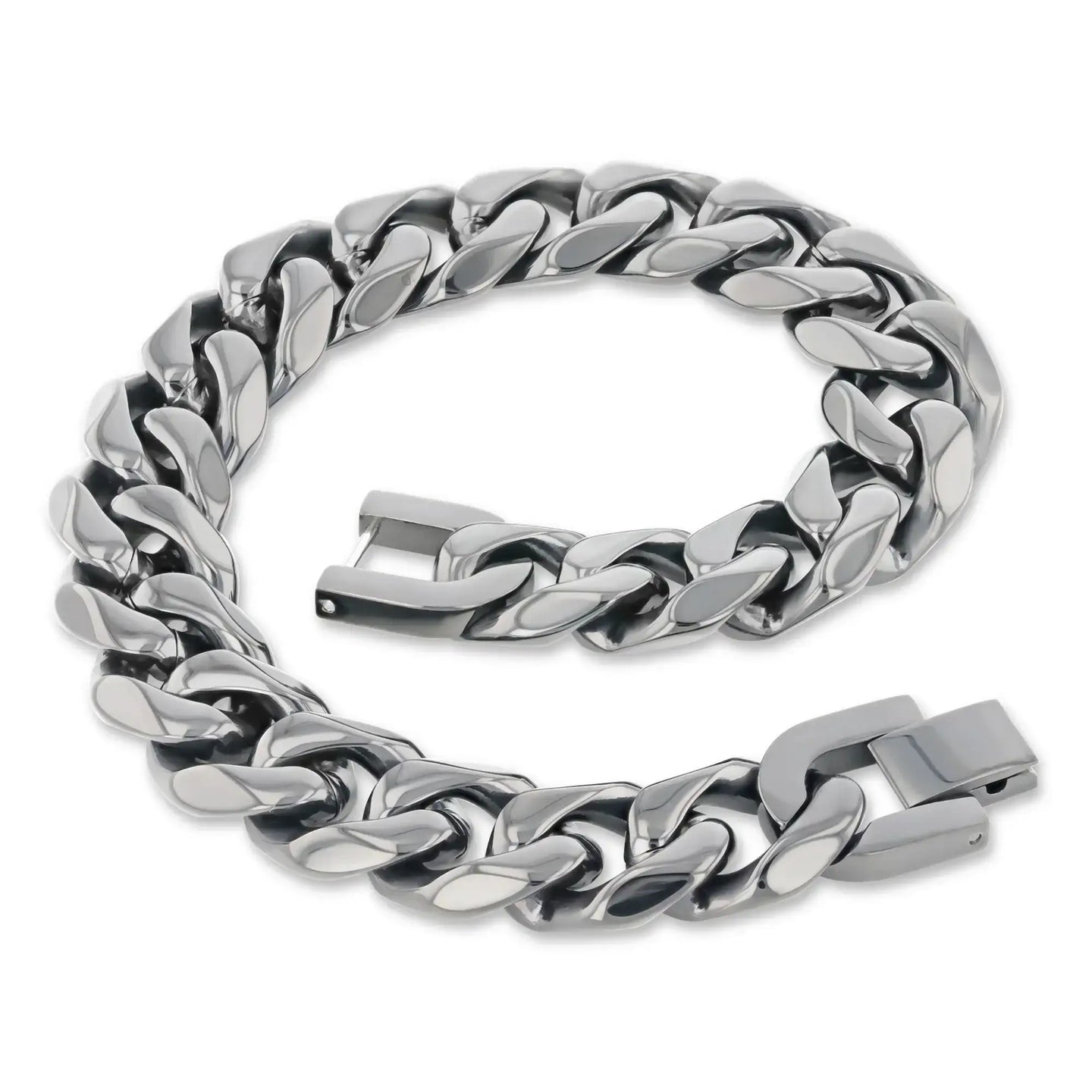 Close-up of a polished stainless steel 14mm Cuban link chain bracelet with box clasp, partially unfastened