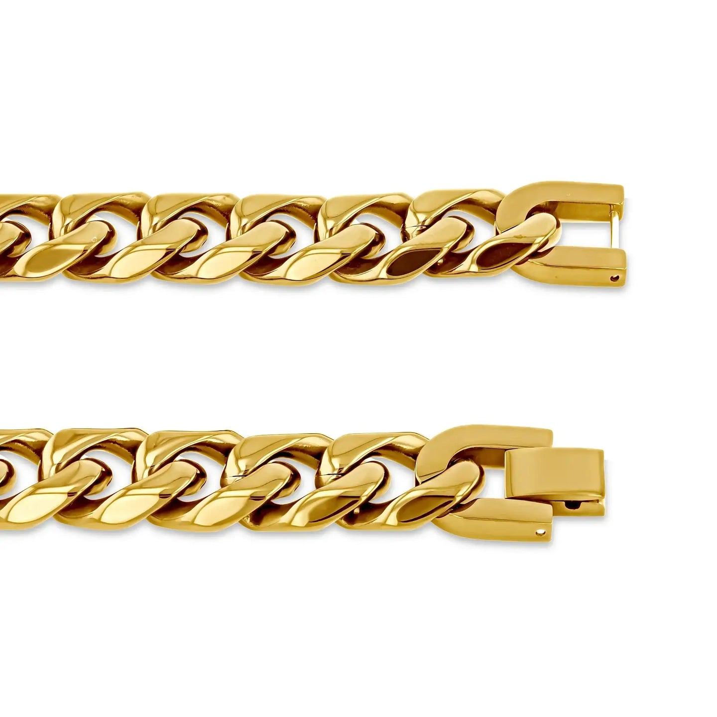 Detail shot of the gold stainless steel Cuban link chain and secure box clasp ends