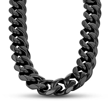 Close-up view of the black stainless steel 14mm Cuban link chain showing its glossy finish