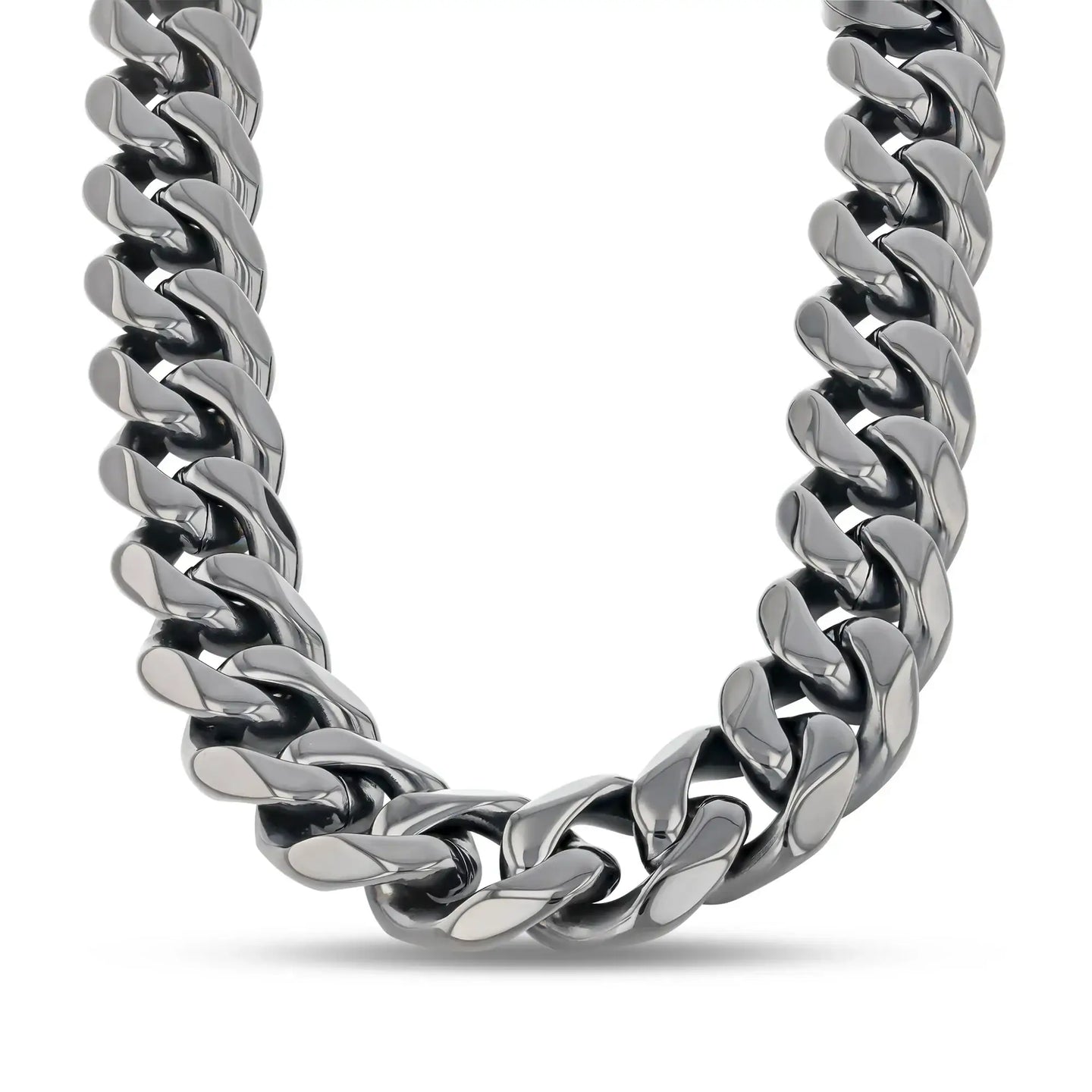 Front view detail of a thick stainless steel Cuban link necklace showing the chunky links