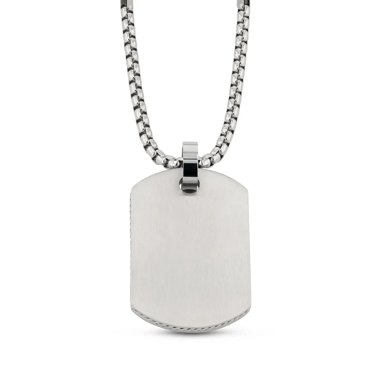 Stainless steel dog tag pendant on a 22-inch box-style chain, front view