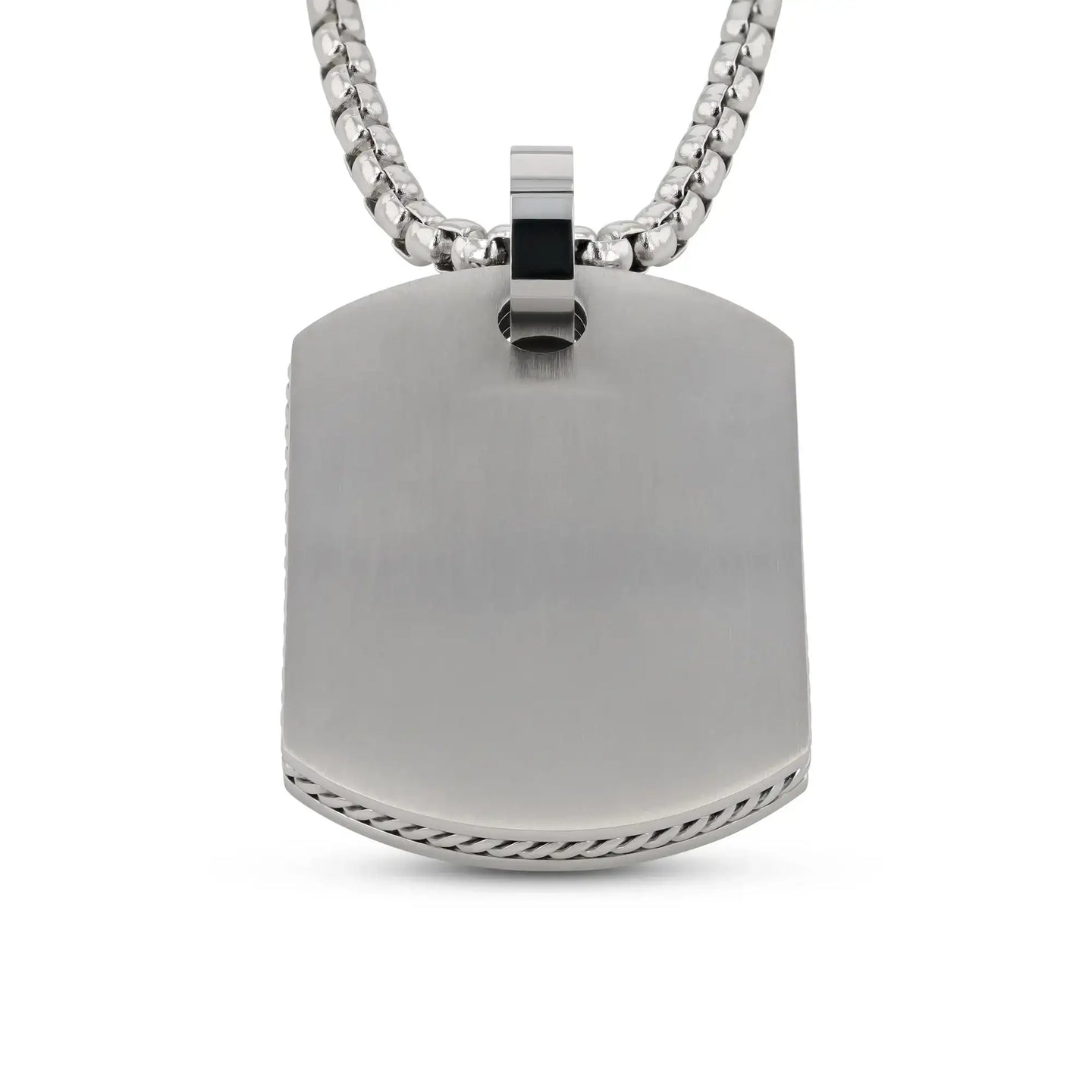 Close-up of stainless steel dog tag pendant and bail, brushed finish