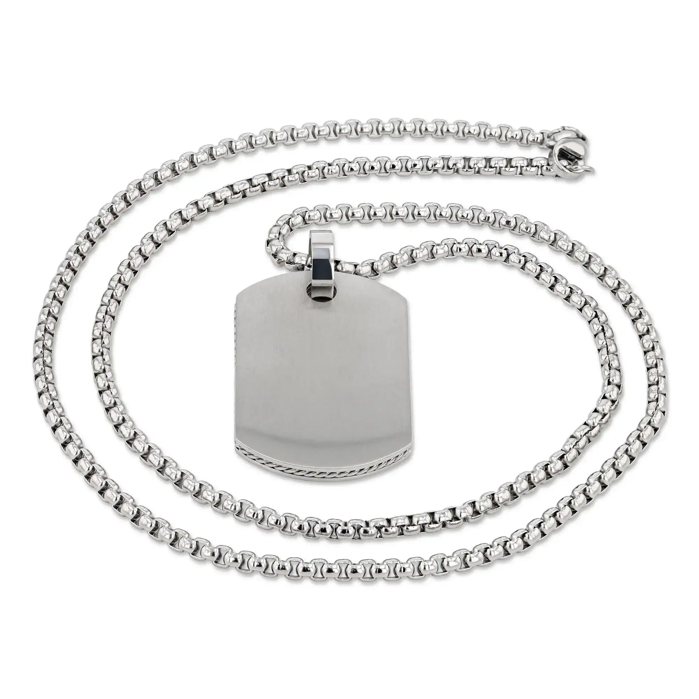 Coiled 22-inch stainless steel chain with attached dog tag pendant