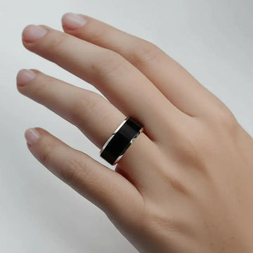 MACLAREN Black Polished Center Tungsten Wedding Band with Polished Gray Beveled Edges, 4mm–8mm - Larson Jewelers