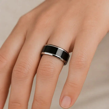 MACLAREN Black Polished Center Tungsten Wedding Band with Polished Gray Beveled Edges, 4mm–8mm - Larson Jewelers