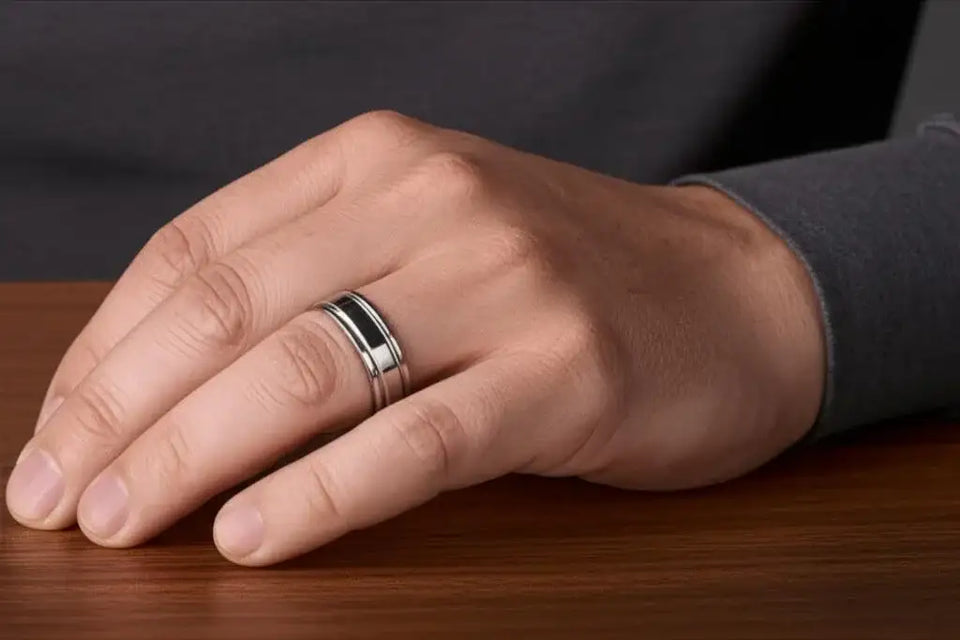 ANCHORAGE Men’s Tungsten Wedding Band with Dual Offset Grooves - 6mm or 8mm - Larson Jewelers