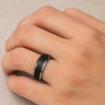 ASTON Black Brushed Center Tungsten Ring with Polished Beveled Edges, 4mm–10mm - Larson Jewelers